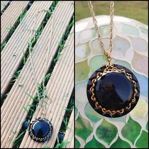 Vintage Jet Black Faceted Amulet Style Necklace